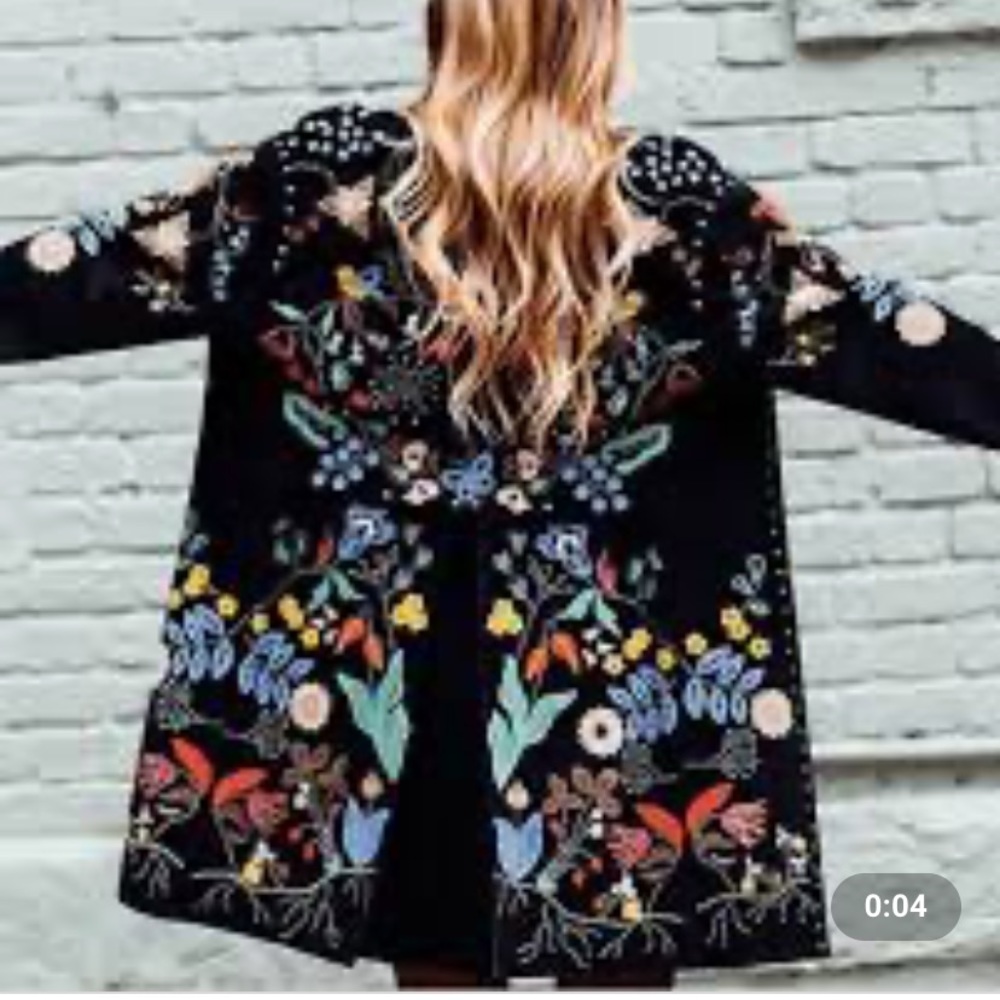 Oversized Black Floral Print Open Front Coat Small